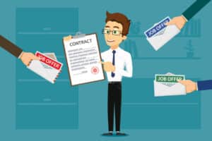 employee compensation package animation concept - Man holds a contract. The manager gives an envelope with a job offer. 